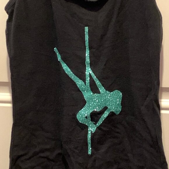 ❣️2/$36 Twisted Polerina Pole Dancer Silhouette Teal Glitter Slashed Cutout Tank - Picture 1 of 5